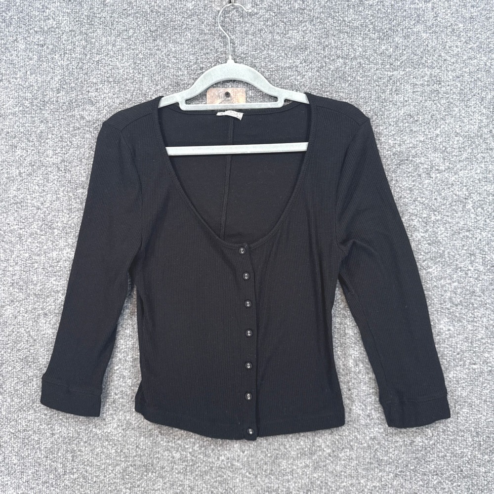 Intimately Free People Shirt Womens Medium Black Ribbed Button Front Henley Top